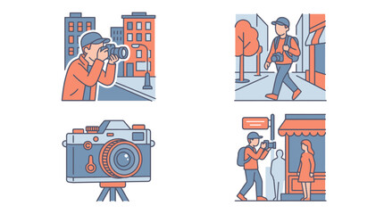 Fototapeta premium Flat vector icons depicting street photography scenes