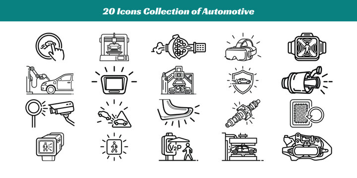 Collection of 20 black and white automotive maintenance icons