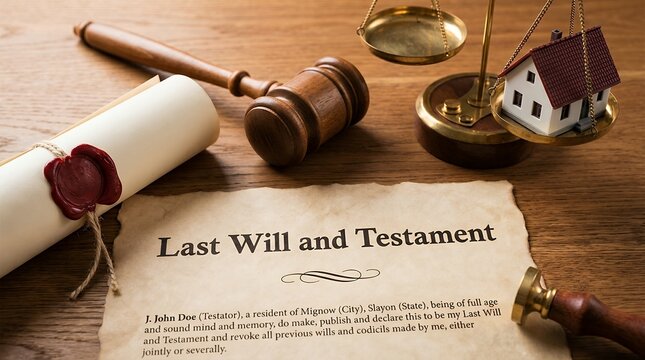 A wooden gavel lies beside a rolled scroll with a red wax seal and a document titled Last Will and Testament near scales of justice holding a house model legal law estate