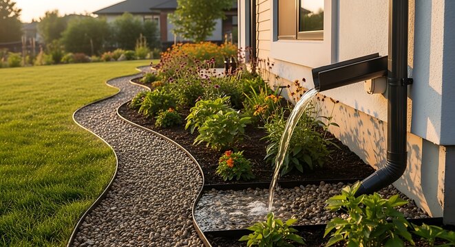 Rainwater flowing from a modern house gutter into a pebble garden drainage system. downspout garden