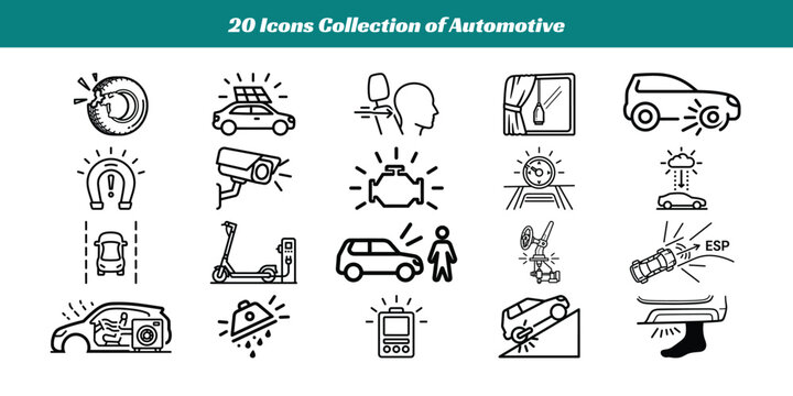 Collection of 20 automotive warning and function icons