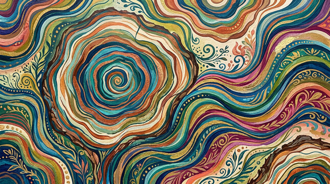 Seamless abstract pattern with geometric circles, vintage like floral swirls, and retro colorful shapes creates a textured vector illustration backdrop for wallpaper and textile fabric design