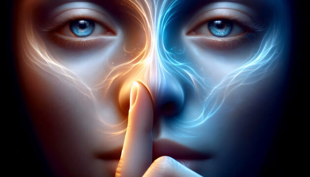 Close-up macro shot of face performing alternate nostril breathing with right nostril closed by thumb and left nostril open inhaling, Ai generated image