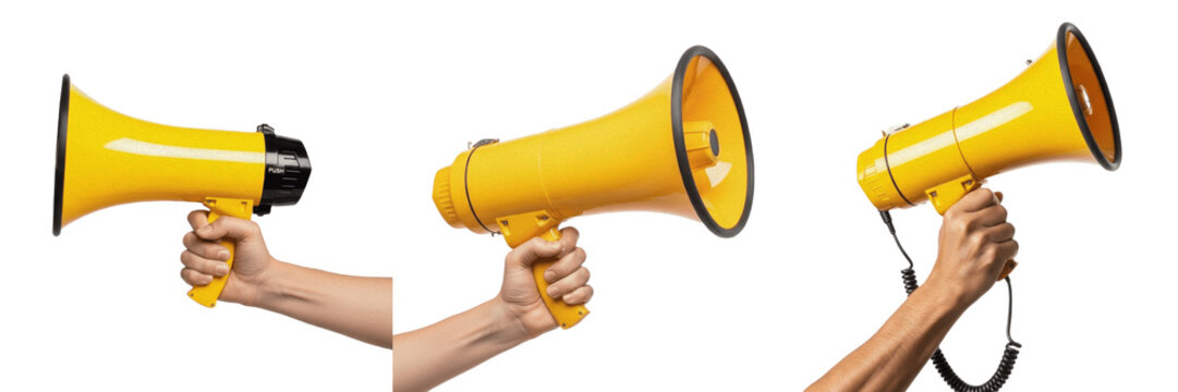 Collection of Hands Holding Yellow Megaphones Isolated on White Background. Professional Loudspeakers for Announcements, Marketing Campaigns, Public Speaking, Protest, Communication, and News Alerts. 