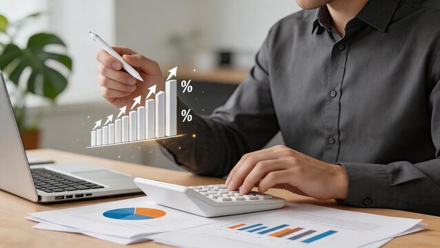 Financial analyst calculating budget and expenses, using calculator and laptop with rising bar chart graphic, analyzing profit margins and percentage growth, accounting report