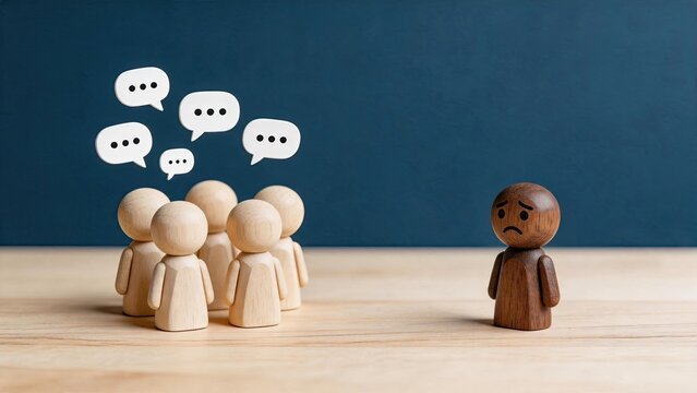 Sad wooden doll standing alone separated from a group of happy figures with speech bubbles, illustrating concepts of loneliness, social exclusion, bullying, and isolation.