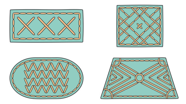 Four teal embroidered patches with geometric stitching patterns