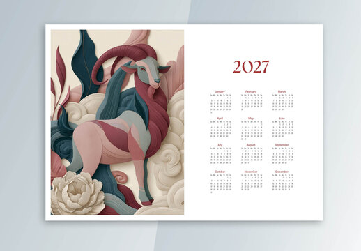 Poster Calendar Layout for Chinese New Year 2027 with Stylized Goat Illustration