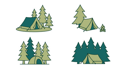 Obraz premium Vector illustration set of camping tents in a pine forest