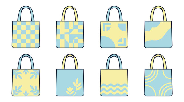 Eight canvas tote bags with pastel geometric patterns
