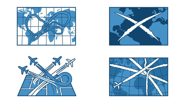 Blue vector icons showing airplane flight paths over world maps