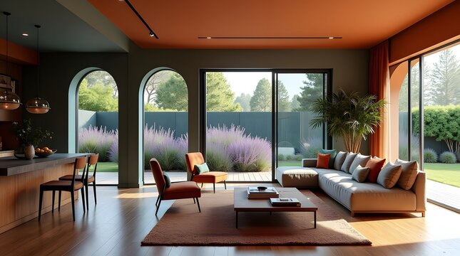 Modern Living Room with Earthy Terracotta and Green Tones