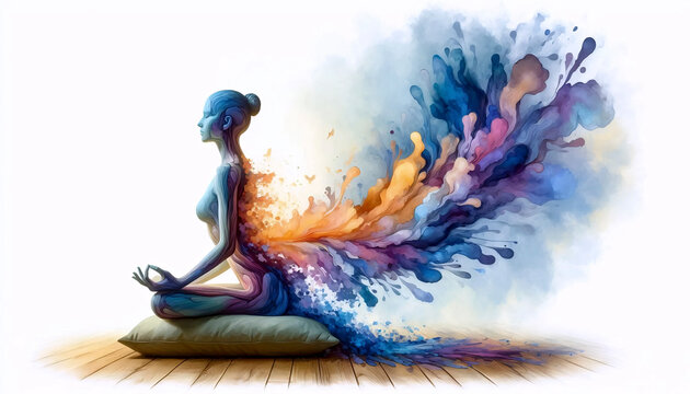 Creative transformation yoga with dissolving body into vibrant watercolor energy explosion, Ai generated image