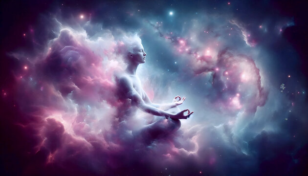 Surreal digital painting of yoga practitioner in lotus pose floating among stars with body partially dissolving into soft clouds and cosmic mist, dreamlike atmosphere soft tones, Ai generated image