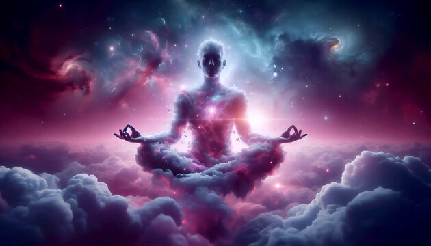 Surreal digital painting of yoga practitioner in lotus pose floating among stars with body partially dissolving into soft clouds and cosmic mist, dreamlike atmosphere soft tones, Ai generated image