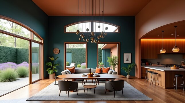 Modern Living Room with Earthy Terracotta and Green Tones