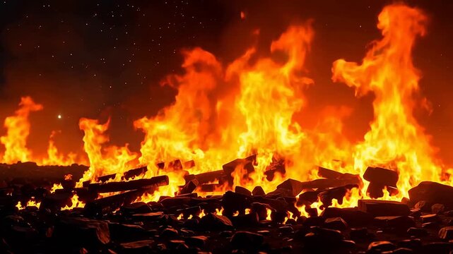 A large bonfire with intense flames illuminating the dark night sky with embers glowing and crackling