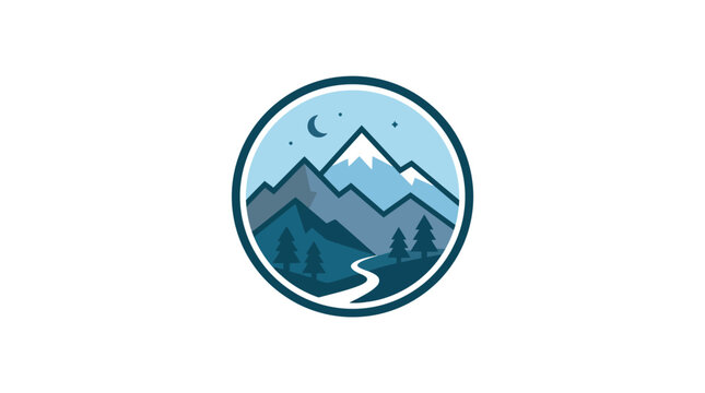 Circular landscape icon with mountains, forest, river, and moon.
