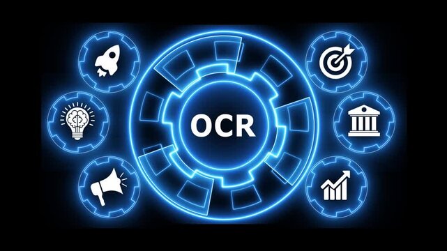 Ocr optical character recognition technology interface with glowing blue circles.