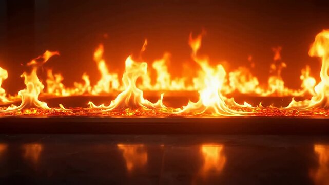 Horizontal line of blazing fire flames on dark background