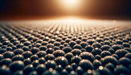 Fototapeta premium Macro photography close-up of yoga mat surface showing intricate texture detail, sweat droplets resting on pattern, soft focus background, warm natural light, Ai generated image