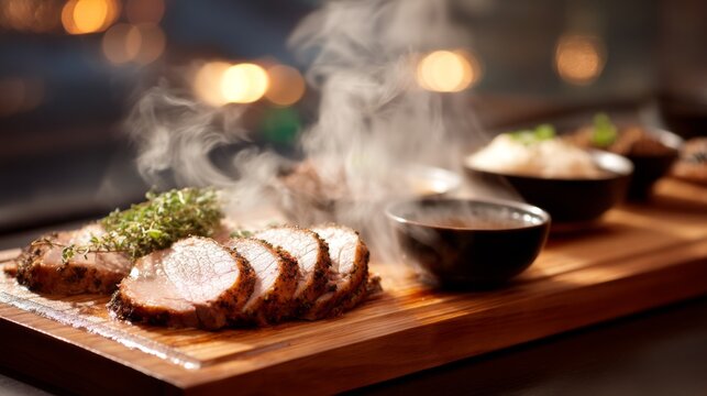 Deliciously Served Sliced Roast Meat with Aromatic Herbs Steam Rising in Cozy Restaurant Setting