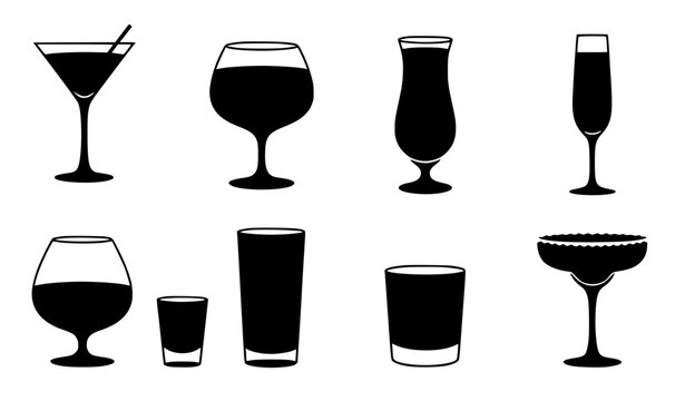 Drinks glass silhouette vector icons for menu and beverage design