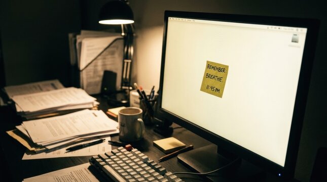 Late night work desk with computer and sticky note reminder to breathe