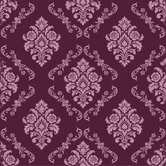Seamless damask pattern with floral ornament on dark purple background © Anucha