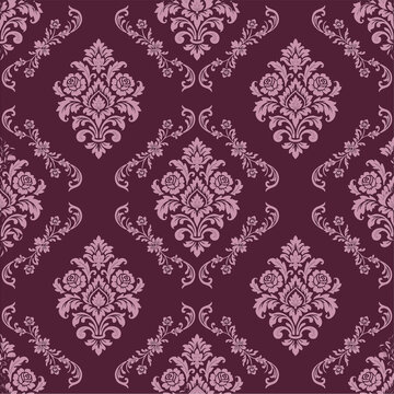 Seamless damask pattern with floral ornament on dark purple background