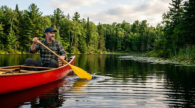 Man paddling a canoe on a serene lake surrounded by lush green trees and calm water