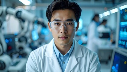Fototapeta premium A young Asian man in a lab coat and safety glasses in a laboratory setting