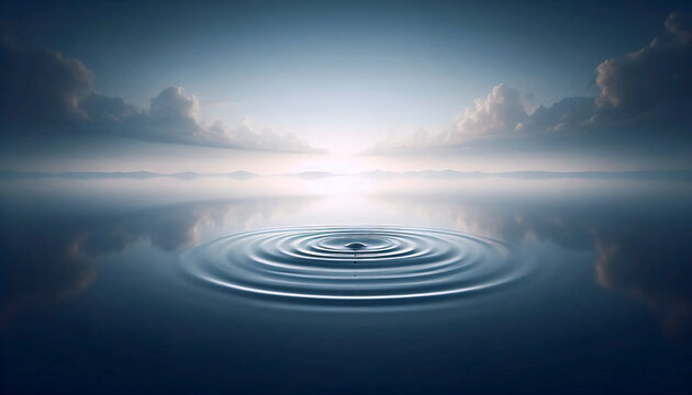 A perfectly smooth water surface reflecting the sky like an impeccable mirror, with no waves visible and a single point of ripple in the center from one fallen droplet, Ai generated image