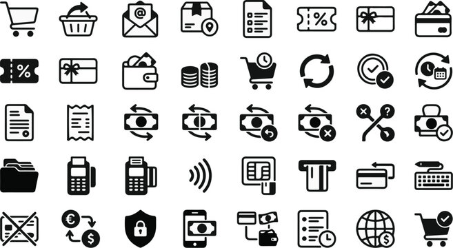 Symbols of online retail and electronic payment methods are organized in a clean set for modern e-commerce applications.