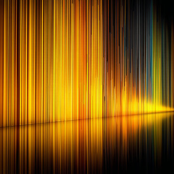 Abstract background of vertical golden light rays with reflection on dark textured surface