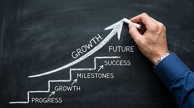 Hand drawing upward arrow graph with words progress growth milestones success future on blackboard symbolizing business advancement