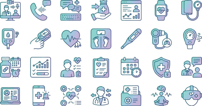 Icons visualizing digital health and telemedicine services demonstrate the modern integration of wearable technology and remote patient monitoring systems.