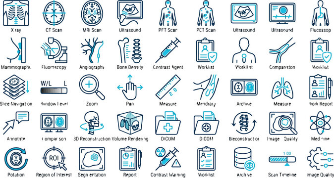 Medical diagnostic icons depict various radiological imaging procedures and modern healthcare scanning technology used in clinical settings.
