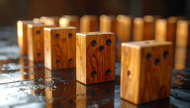 Wooden dice arranged in a row with distinct faces
