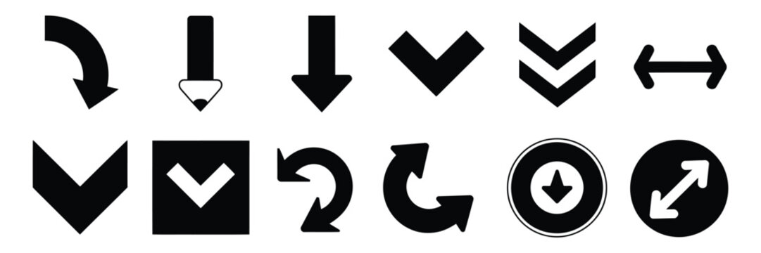 Down Arrow Vector Icon Set Featuring Scroll Illustration Sign Collection for Navigation, User Interface Design, Web Controls, Mobile Applications