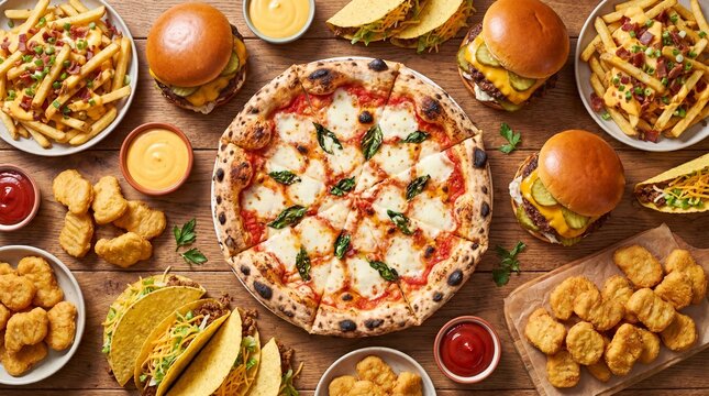 Top-down flat lay view of an abundant fast food party feast compilation arrayed densely over a rustic dark timber table surface.
