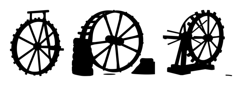 Water wheel set with a black silhouette and white background featuring a historic mill, industrial machinery, and a rustic design with mechanical power and renewable energy