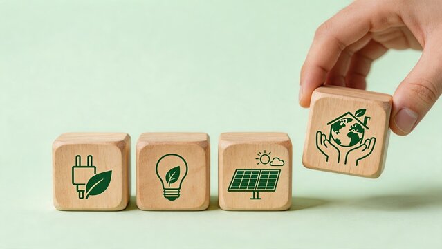 Hand placing wooden block with green earth house icon next to solar panel and energy symbols, renewable resources concept, sustainable living and environmental protection,