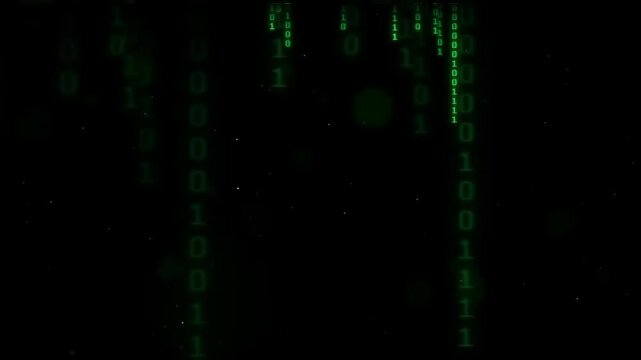 Abstract digital binary code rain falling on a black background for technology and data concepts
