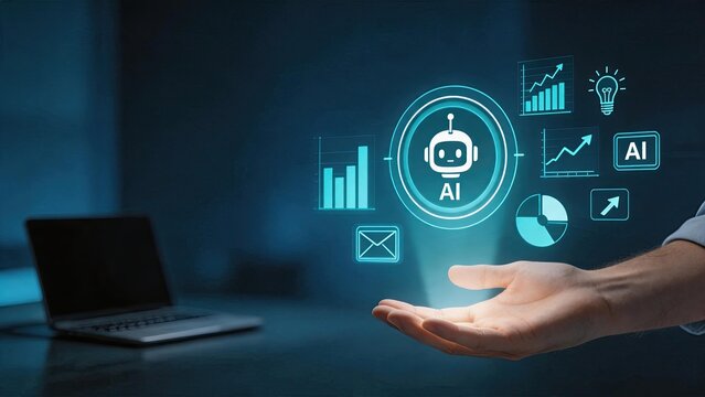 Human hand holding glowing hologram of artificial intelligence robot head, data charts and graphs surrounding, futuristic technology concept, machine learning and automation