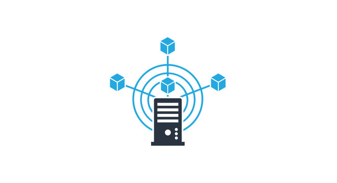 Server rack icon with connected blockchain nodes on white