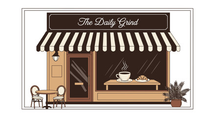 Obraz premium Cozy Coffee Shop Exterior 'The Daily Grind' with Outdoor Seating and Coffee Display