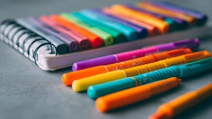 Fototapeta premium Colorful assortment of markers and pens neatly arranged beside an open notebook on a textured background for creative activities and artistic expression