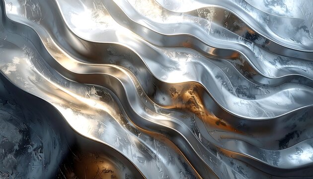 A close-up of a polished, layered rock formation with undulating bands of silver, gold, and dark grey