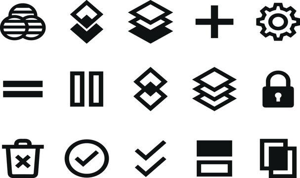 Graphic design software interface icon set featuring layers gear plus checkmark lock and trash black silhouette vectors